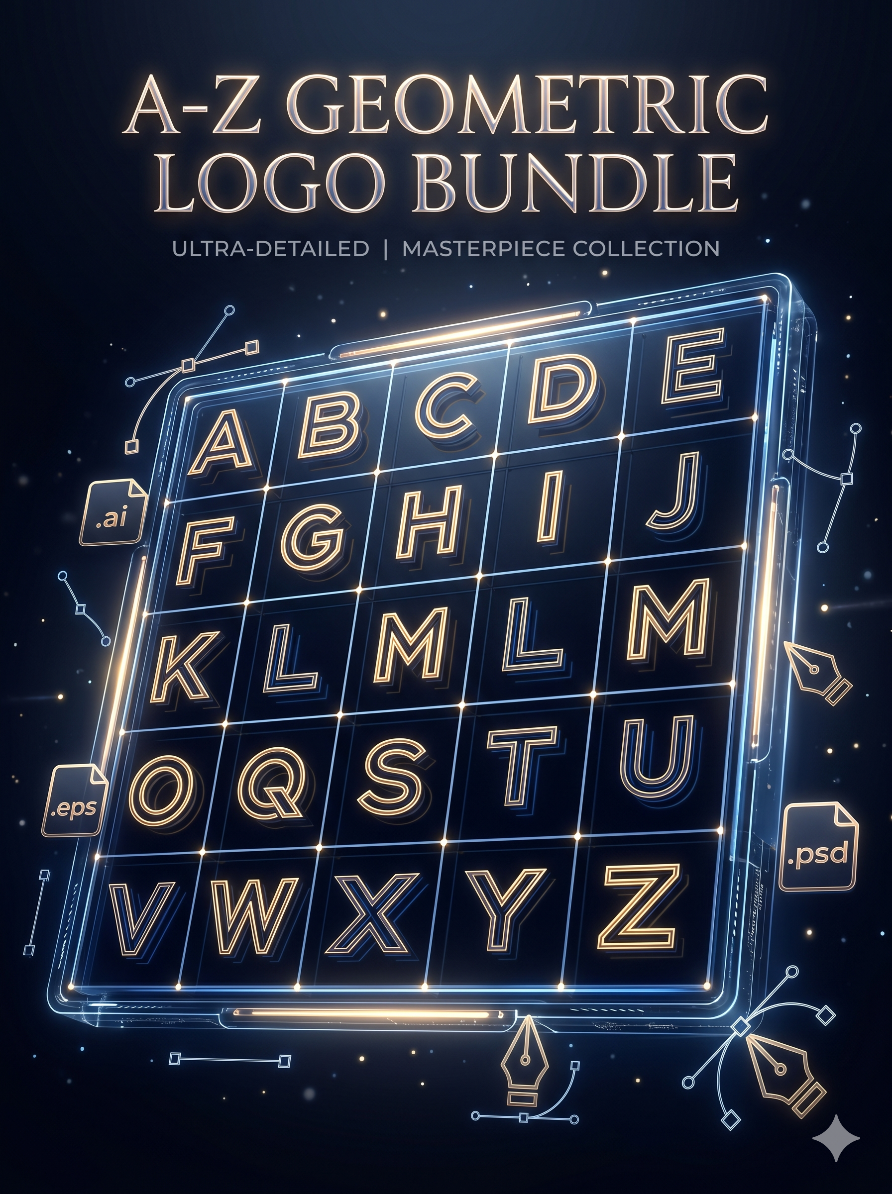 Premium A-Z Geometric Logo Kit: Vector & Editable AI, EPS, PSD Files