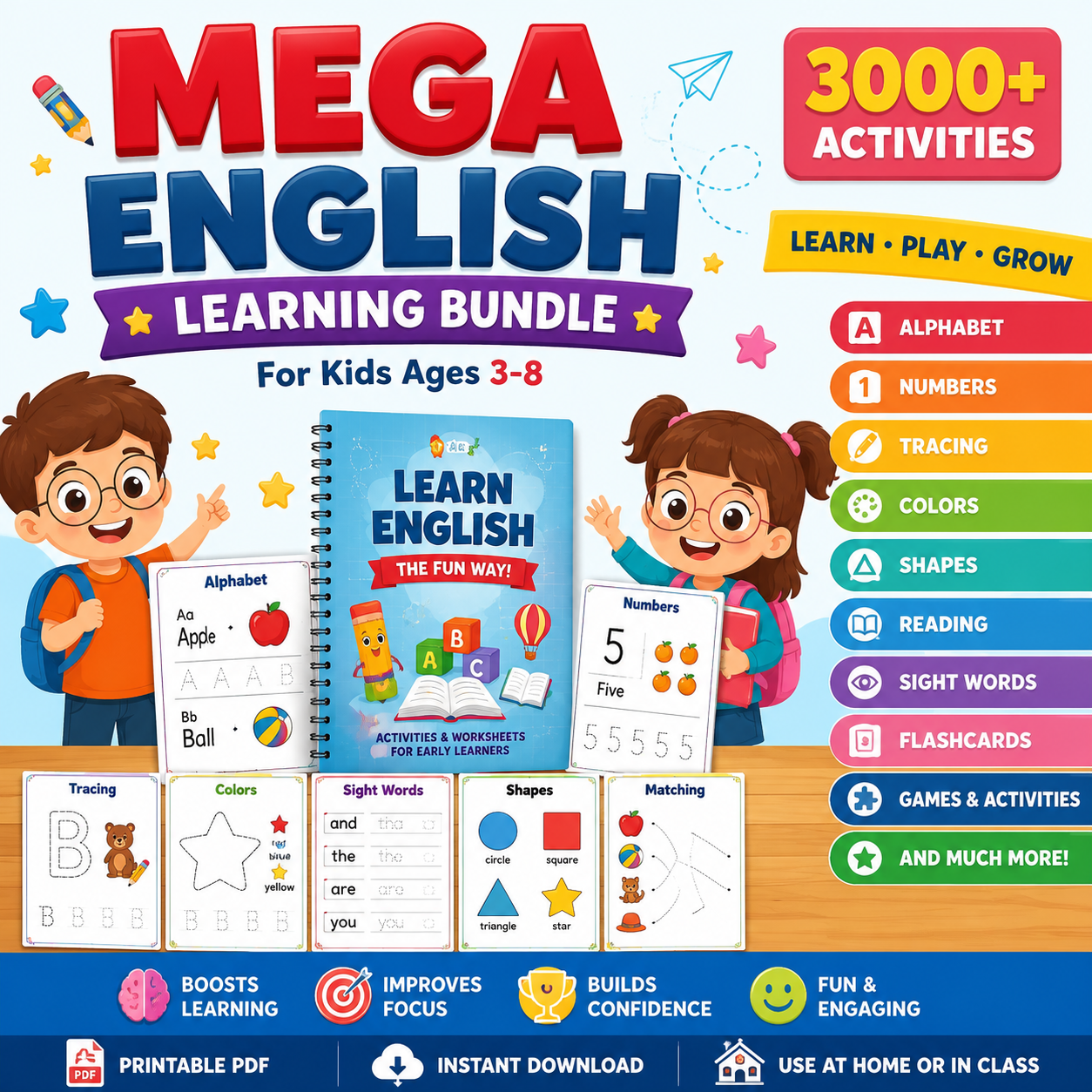 Ultimate Kids English Learning Pack | 3000+ Printable Activities, Worksheets & Games for Preschool & Kindergarten